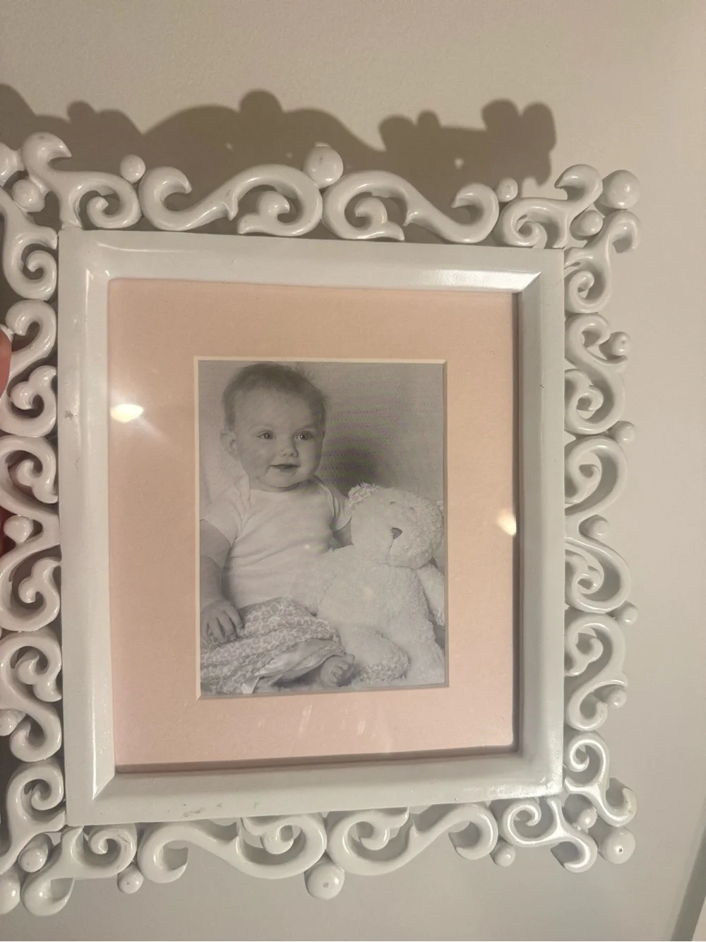 White Ornate Decorative Picture Frame with Pink Mat